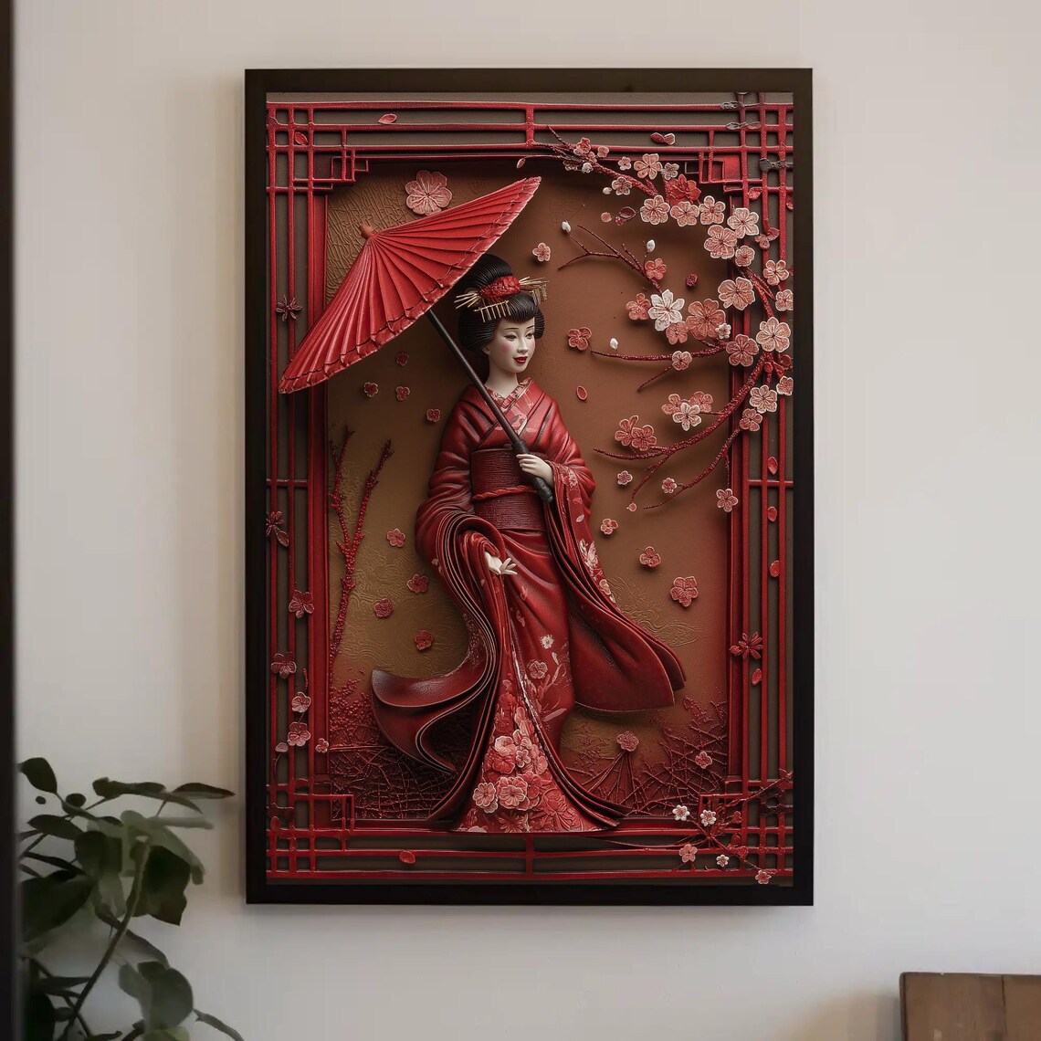 3D Japanese Geisha With Umbrella Art Print, Elegant