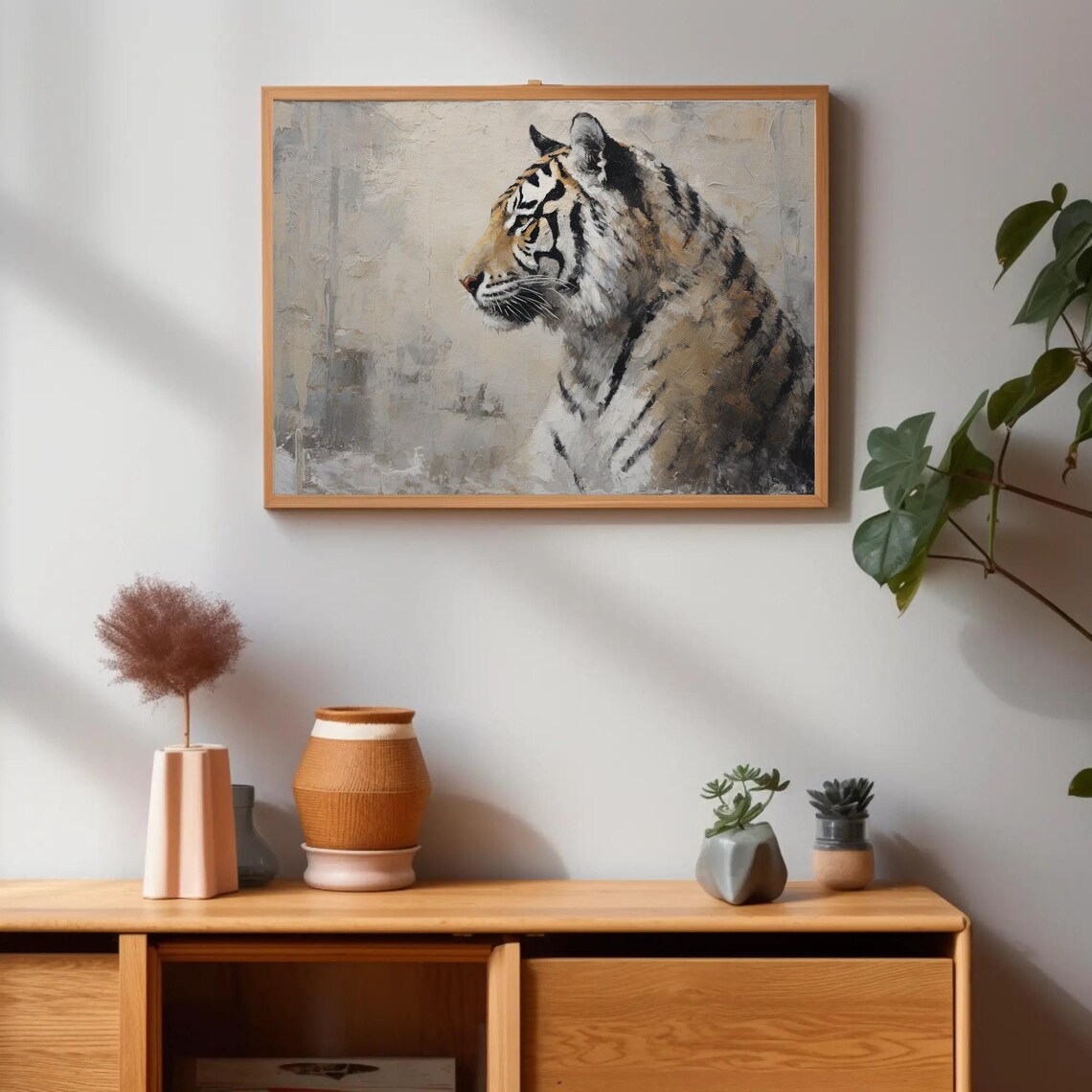 Tiger Profile Portrait in Soft Gray Textured Brushstrokes Poster - Image 3