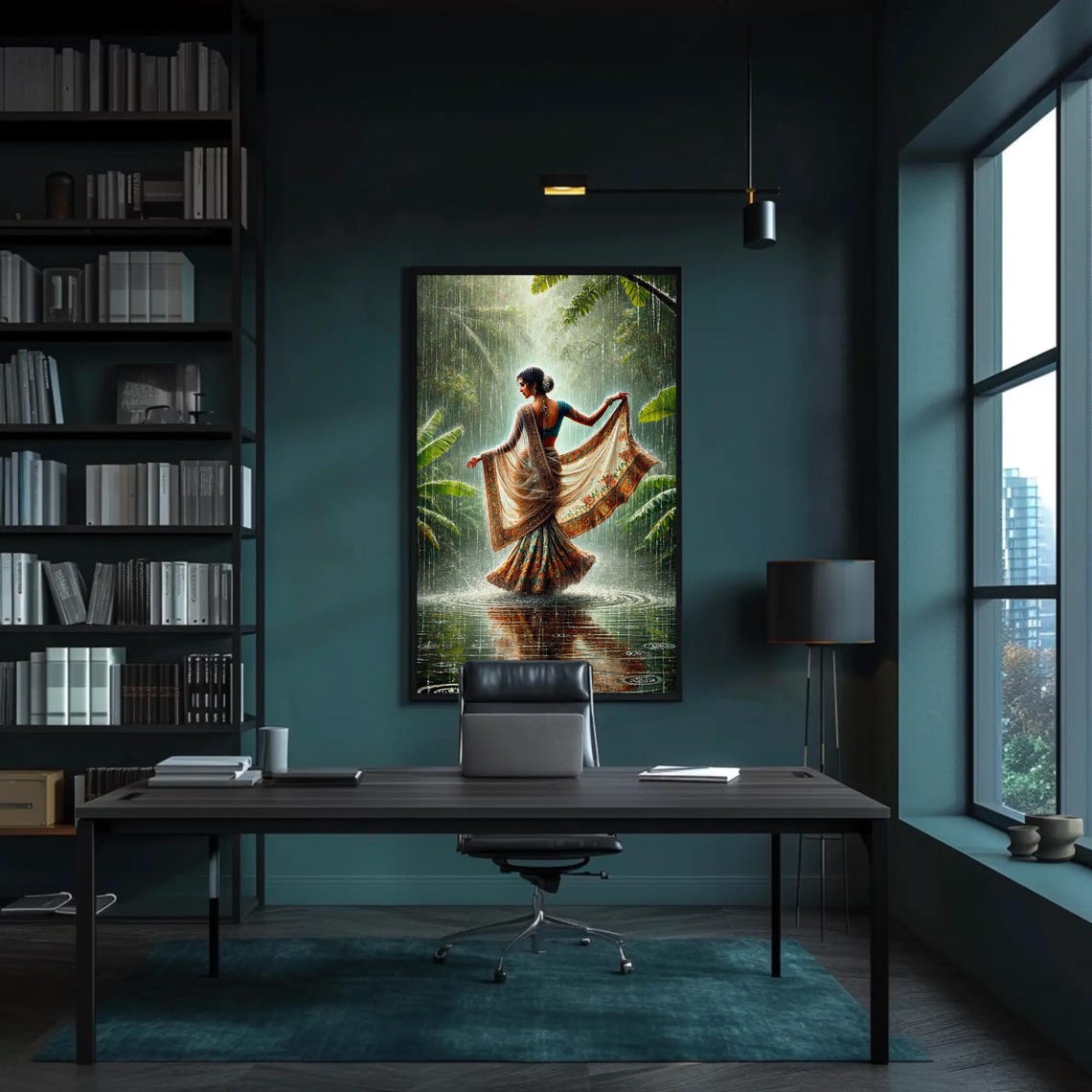 Traditional Indian Women In Tropical Green Rainy Jungle Print Cultural Oil Painting Vibrant Indian Wall Art For Living Room - Image 2