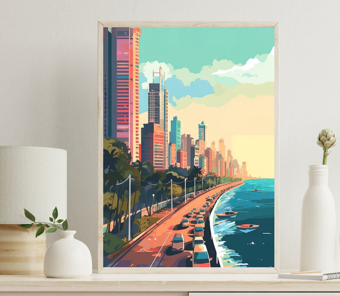 Mumbai Landscape Print Mumabi Painting Bombay Wall Art Indian Decor Indian Painting Mumbai Travel Poster India Art Indian Print