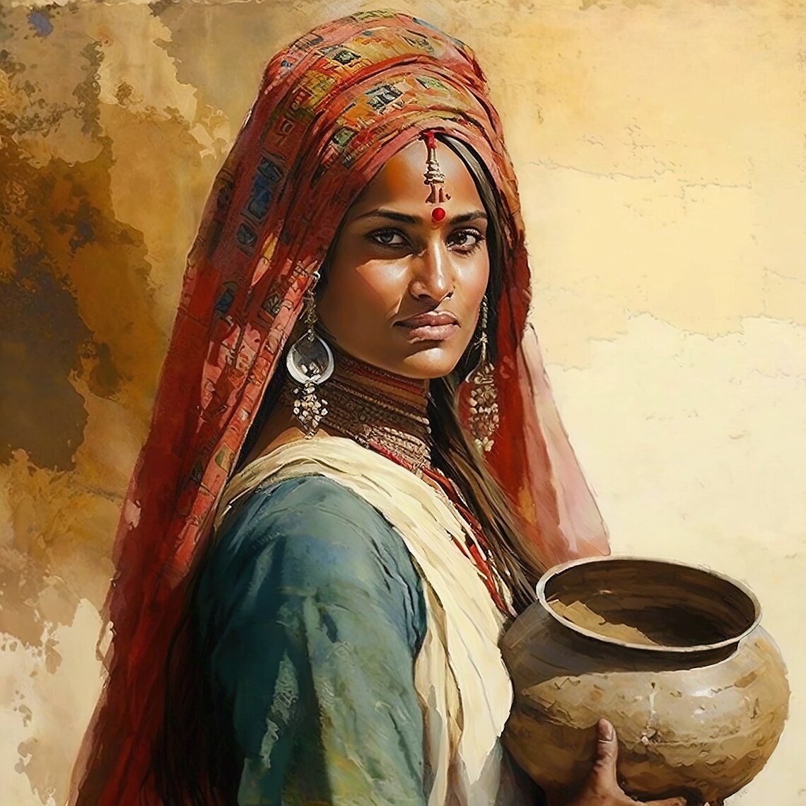 Portrait of Indian Woman With Clay Pot and Red Headscarf Poster - Image 3