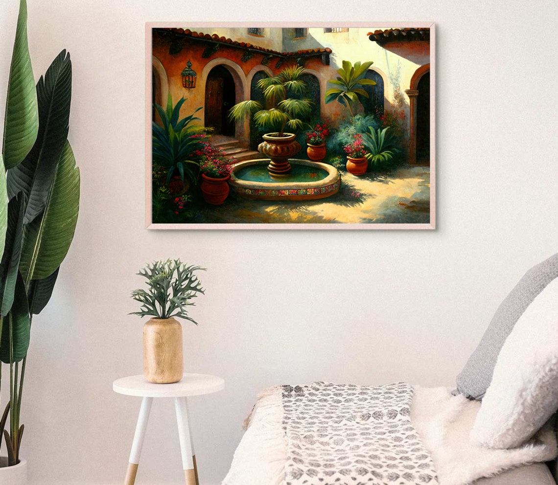 Mexican Colonial Courtyard Fountain Palm Garden Sunlit Art Poster - Image 3