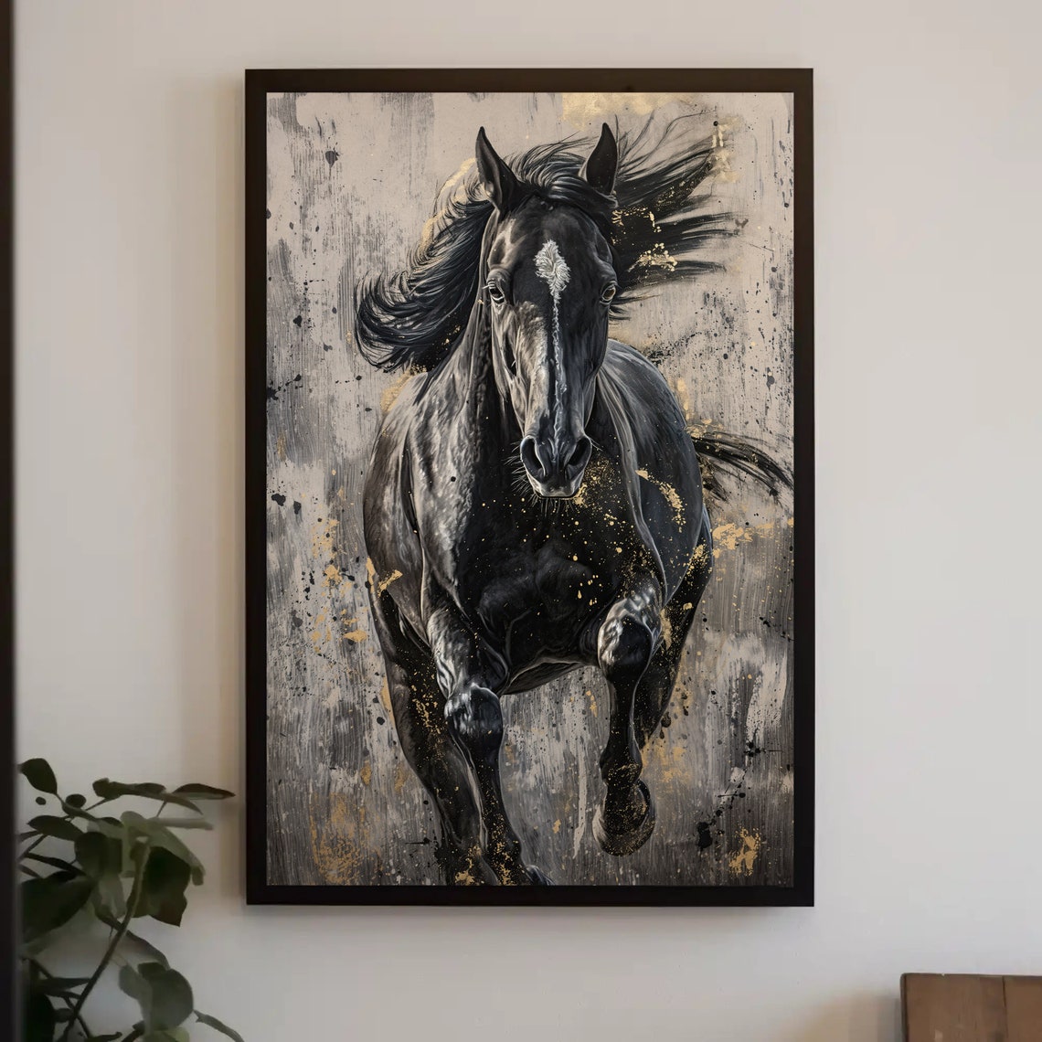 Black Galloping Horse Gold Splatter Dramatic Animal Wall Art