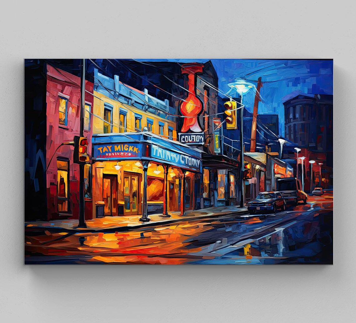 Neon Honky Tonk Bar Street at Night Music Nightlife Art Poster