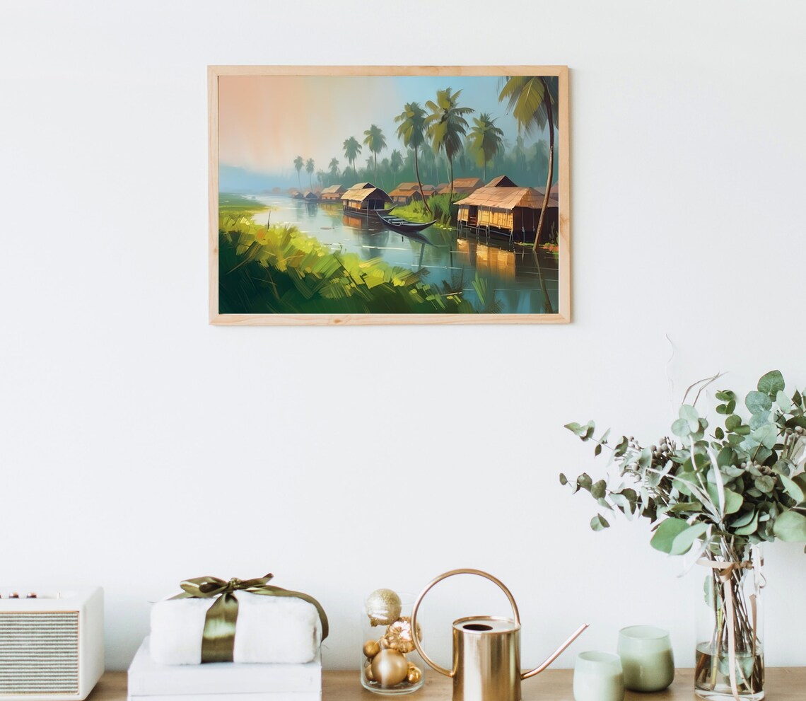 Kerala Backwaters Houseboats Palm Trees Sunrise Scene Poster - Image 4