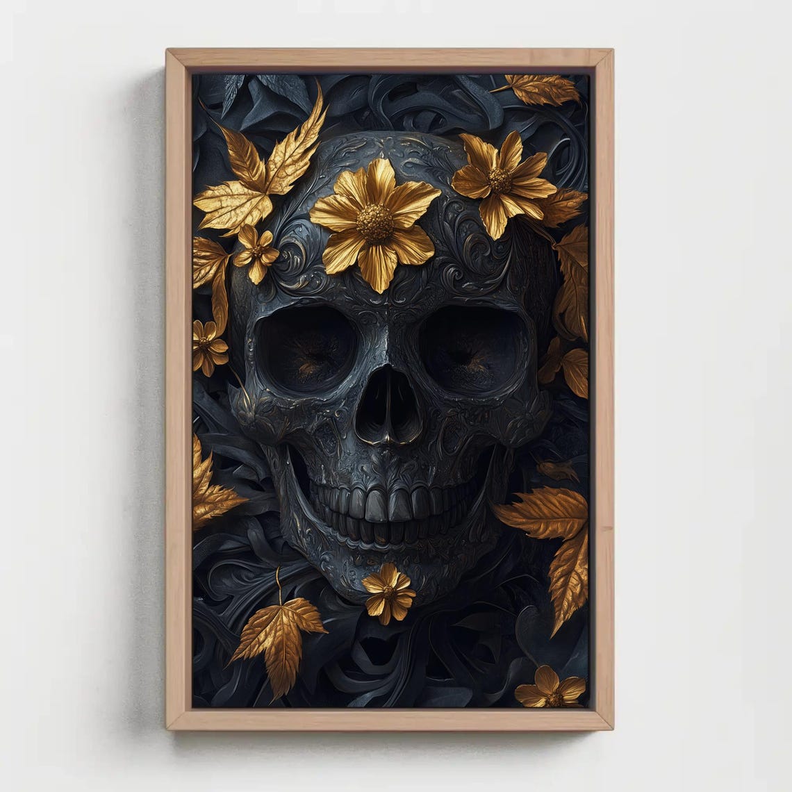 Black Carved Skull with Golden Leaves Dark Floral Gothic Poster - Image 5