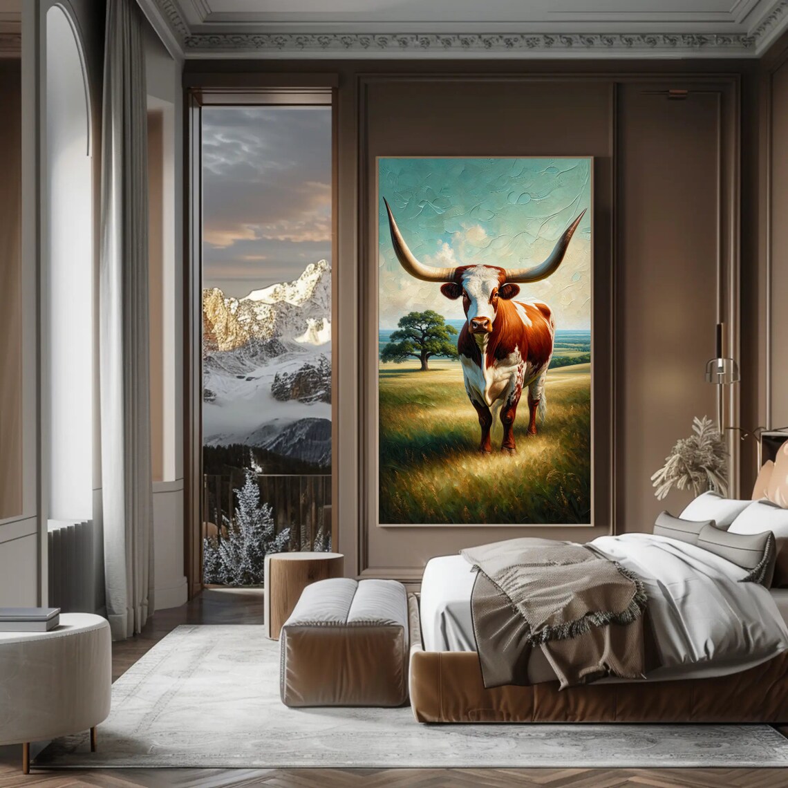 Texas Longhorn Cow In Golden Meadow Rustic Oil Painting Poster - Image 3