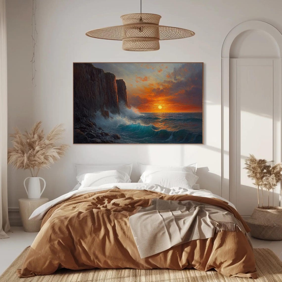 Dramatic Fiery Sunset Over Rocky Ocean Cliffs Oil Painting Poster - Image 3