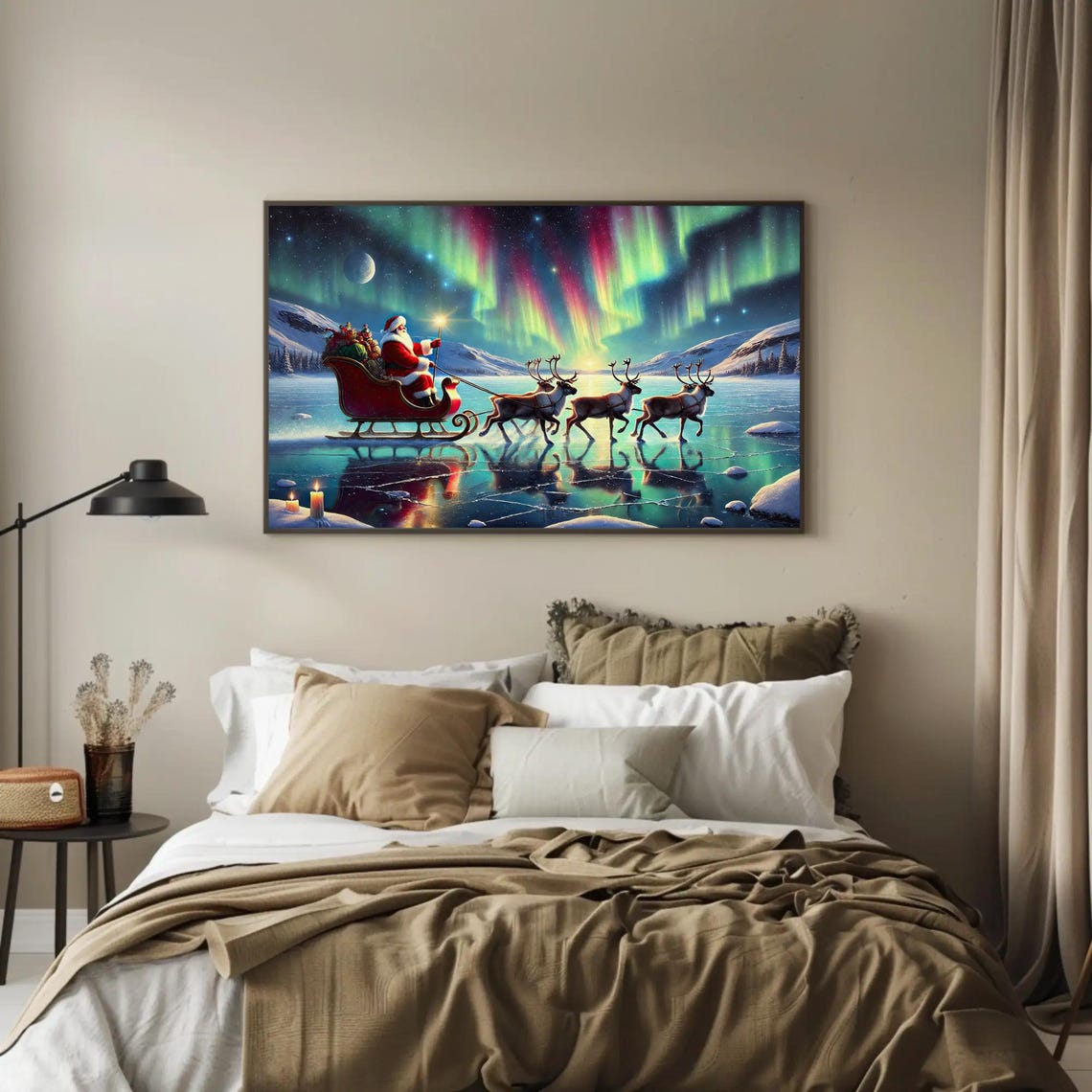Santa Sleigh Gliding Under Northern Lights On A Frozen Lake Poster - Image 3