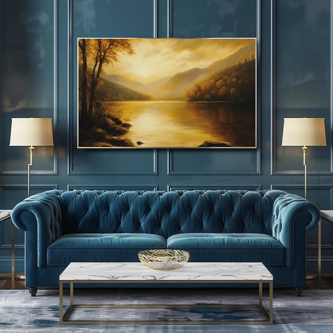 Misty River Valley At Golden Sunrise Mountains Painting Poster - Image 3