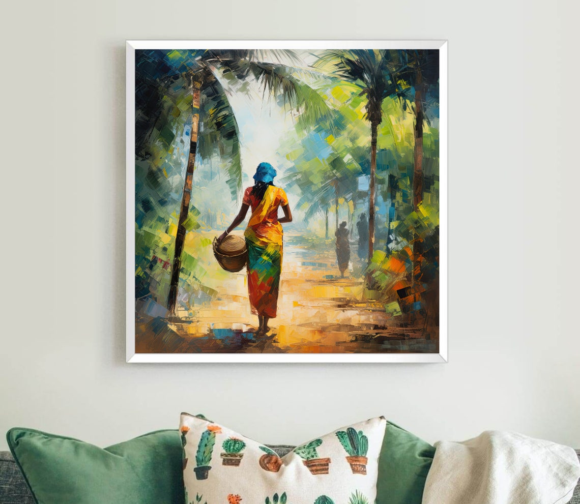 South Indian Woman in Sari Walking Through Palm Grove Poster - Image 5