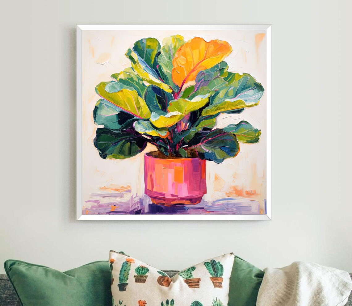 Fiddle Leaf Fig Plant in Pink Pot Botanical Oil Painting Poster - Image 5