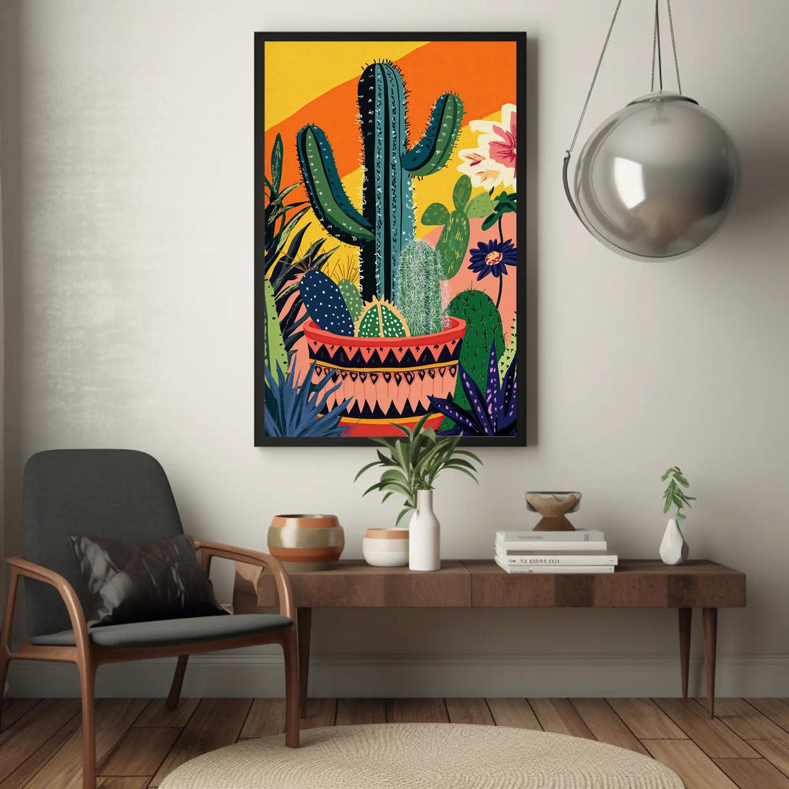 Modern Cacti Cluster in Patterned Terracotta Pot at Sunset Art Poster - Image 4