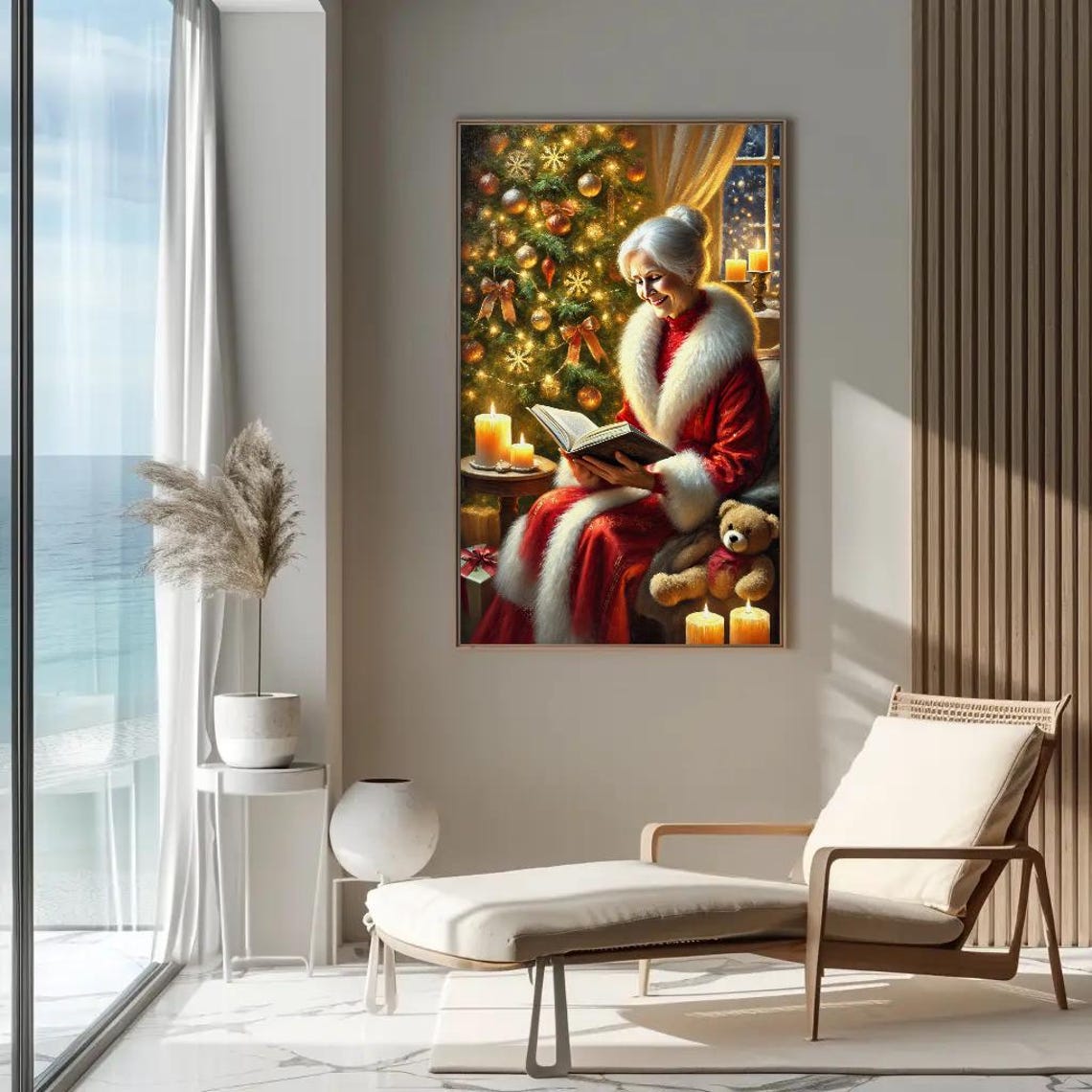 Mrs Claus Reading By The Christmas Tree With Teddy Bear Poster - Image 4