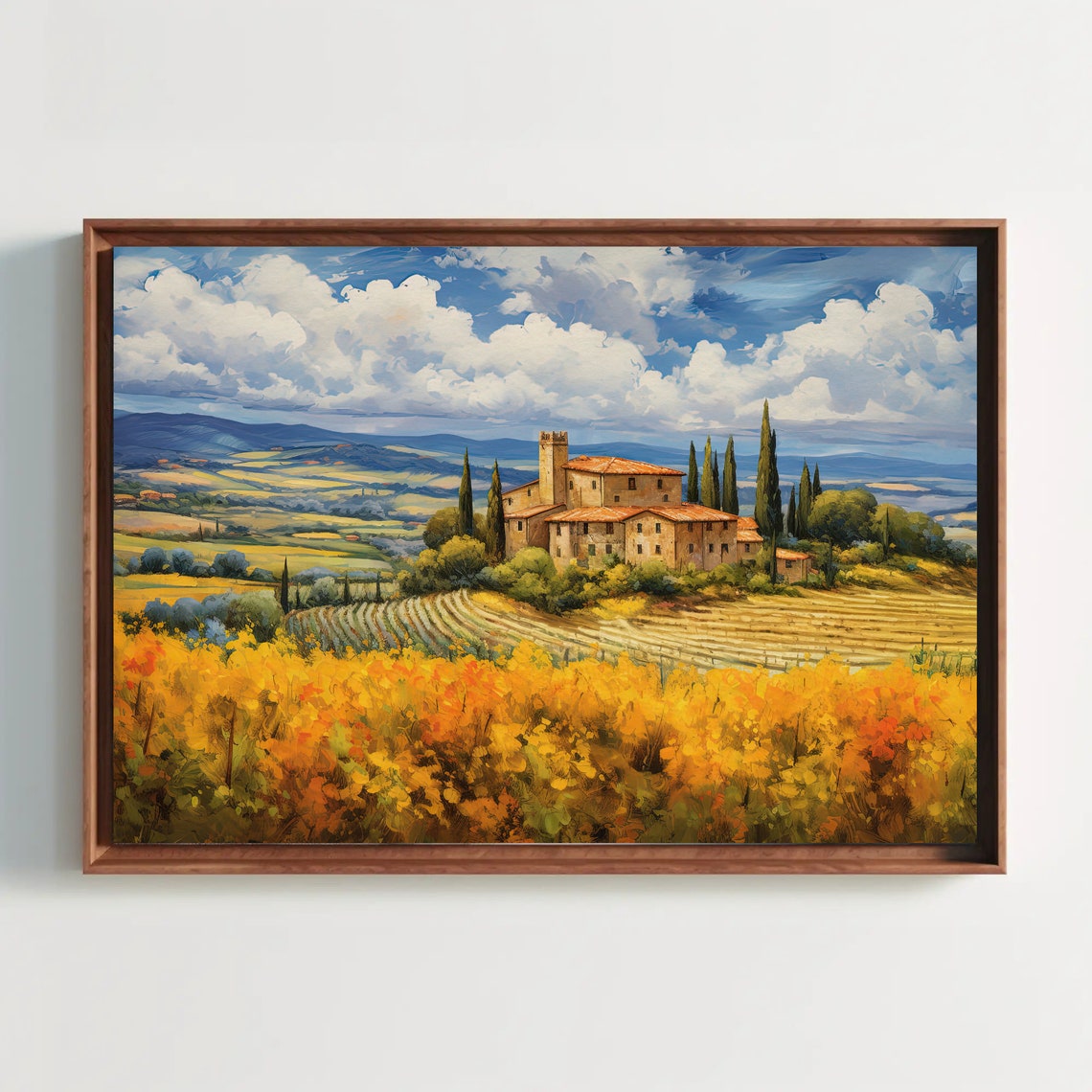 Tuscan Villa with Cypress Trees Golden Countryside Art Poster