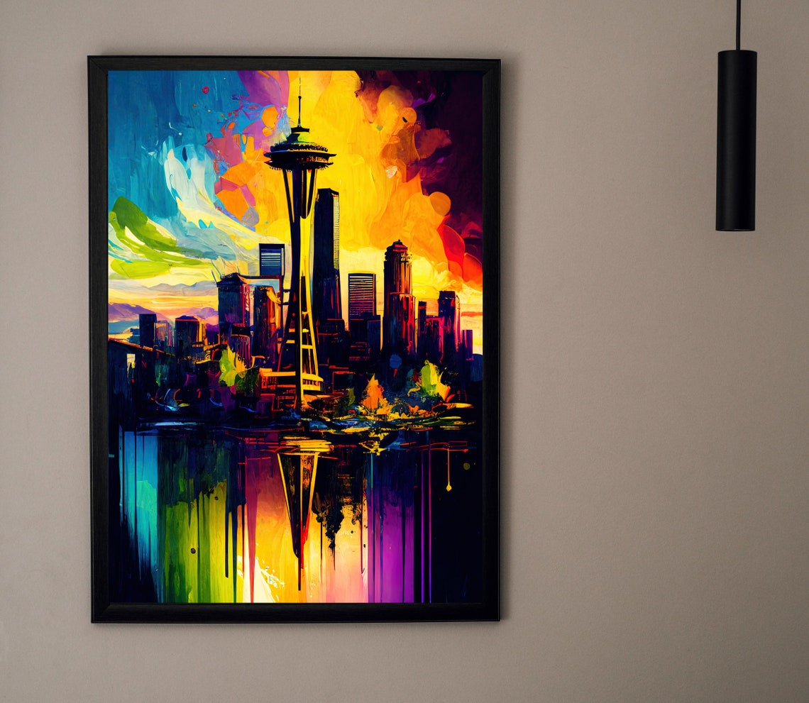 Seattle Space Needle Night Skyline Colorful Reflection Art Poster - Image 4