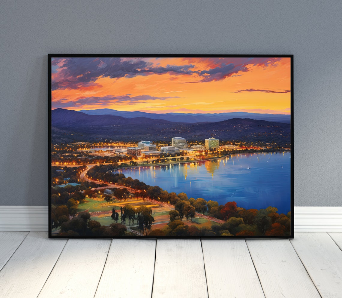 Canberra Australia Lakeside Cityscape at Sunset Oil Art Poster - Image 2