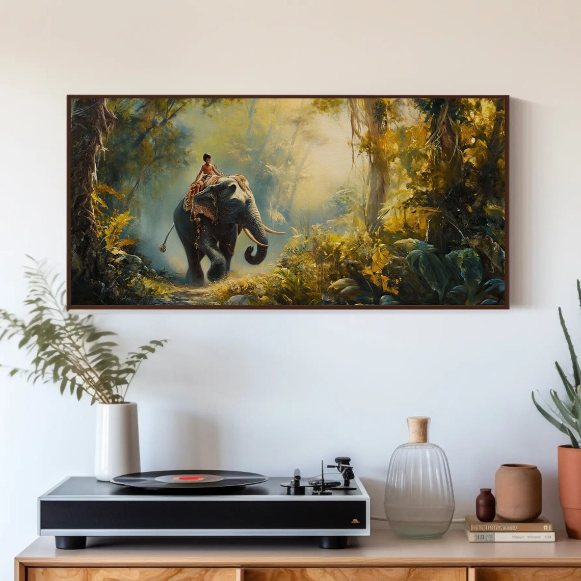 Kid Riding Elephant in Golden Indian Jungle Panoramic Wall Poster