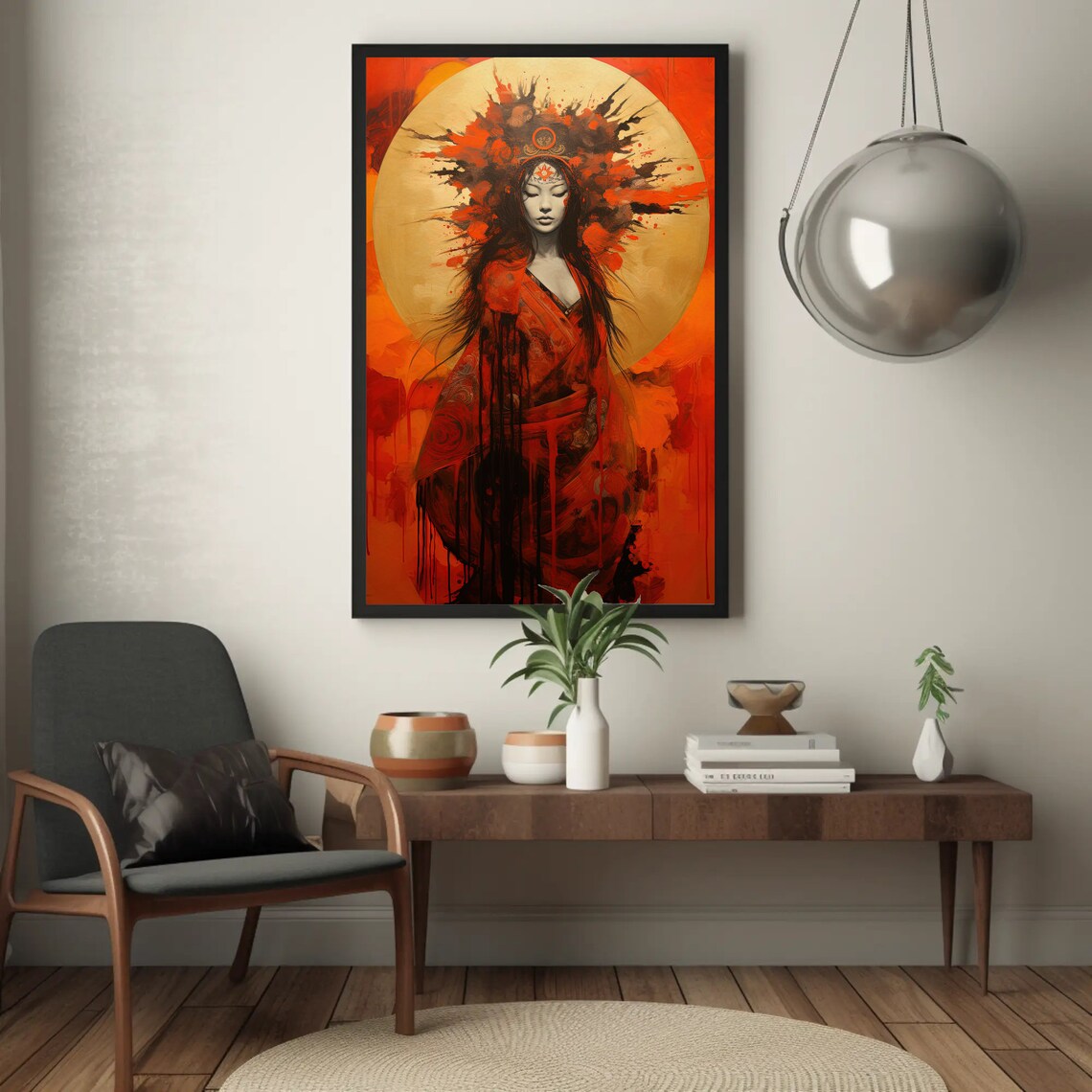 Amaterasu Japanese Sun Goddess Red Kimono Golden Radiance Wall Art - Image 3