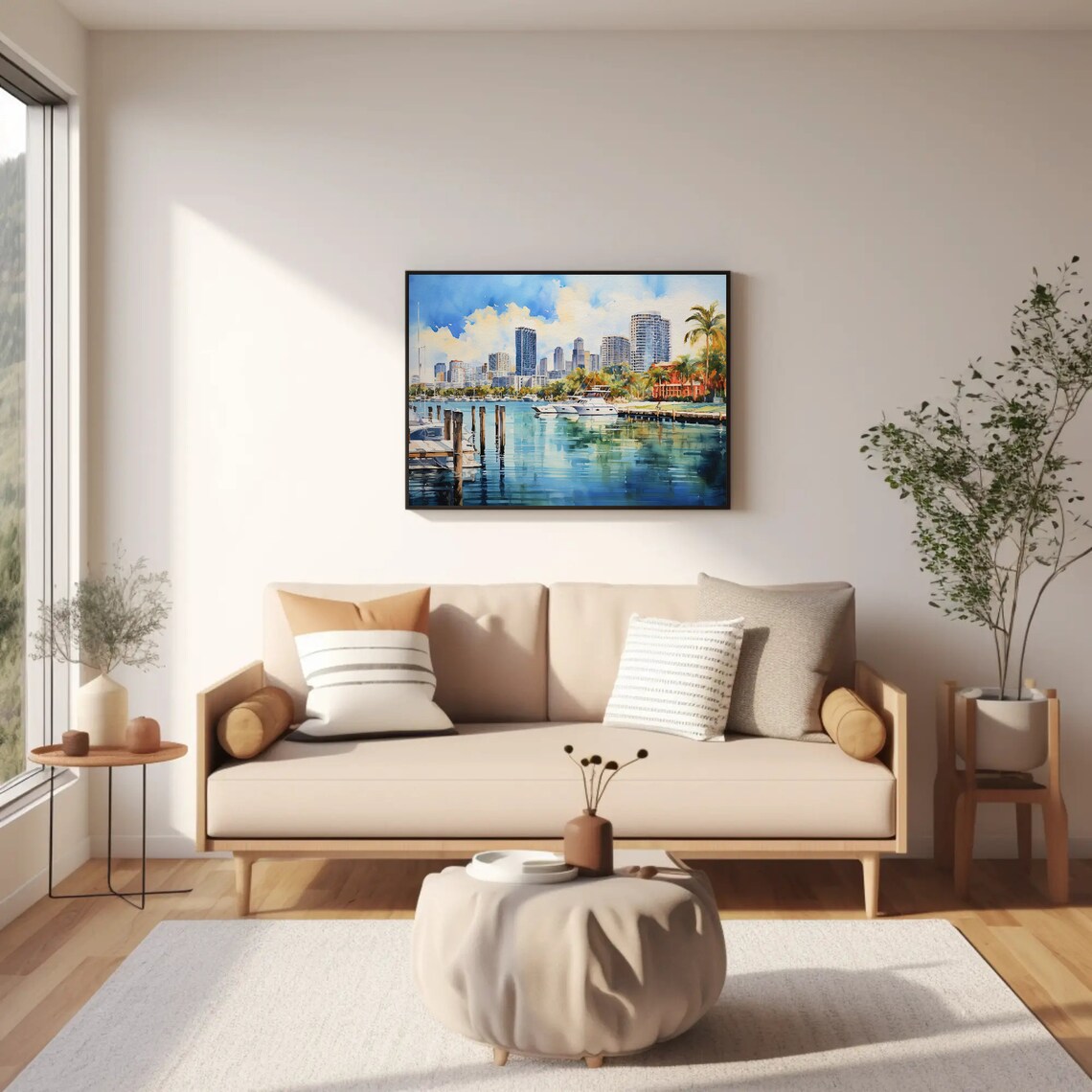 Miami Marina Waterfront with Skyline and Yachts Watercolor Poster - Image 3