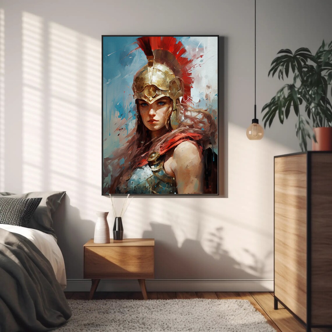 Athena Greek Goddess Of War Golden Crimson Helmet Painting Poster