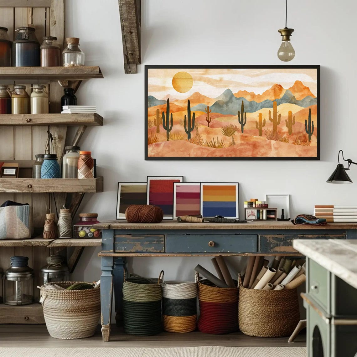Boho Desert Landscape With Saguaro Cacti at Warm Sunset Poster - Image 4