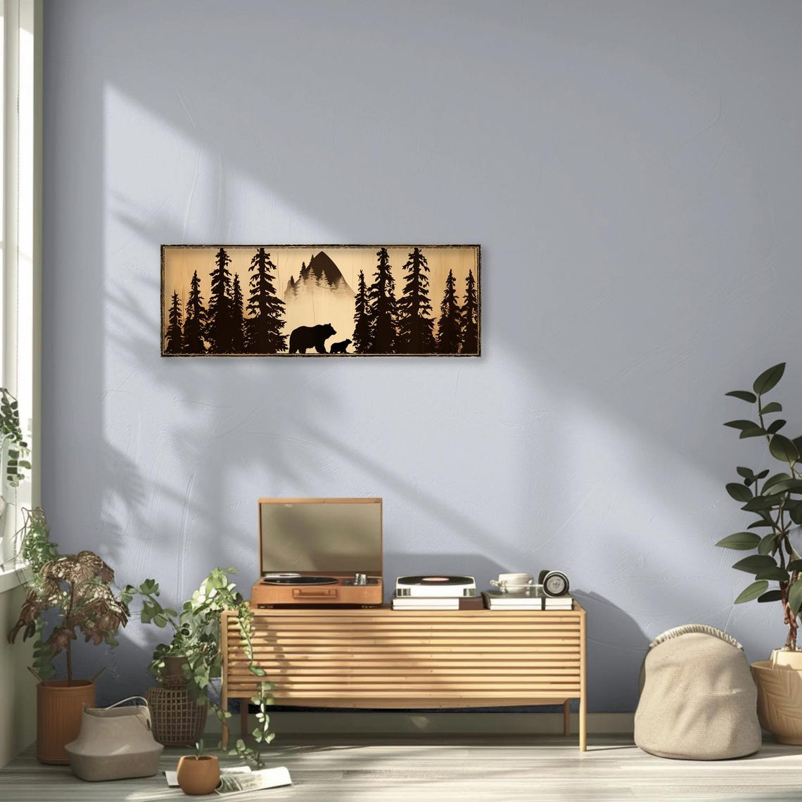 Bear And Cub Silhouette In Pine Forest Panoramic Mountain Poster - Image 4