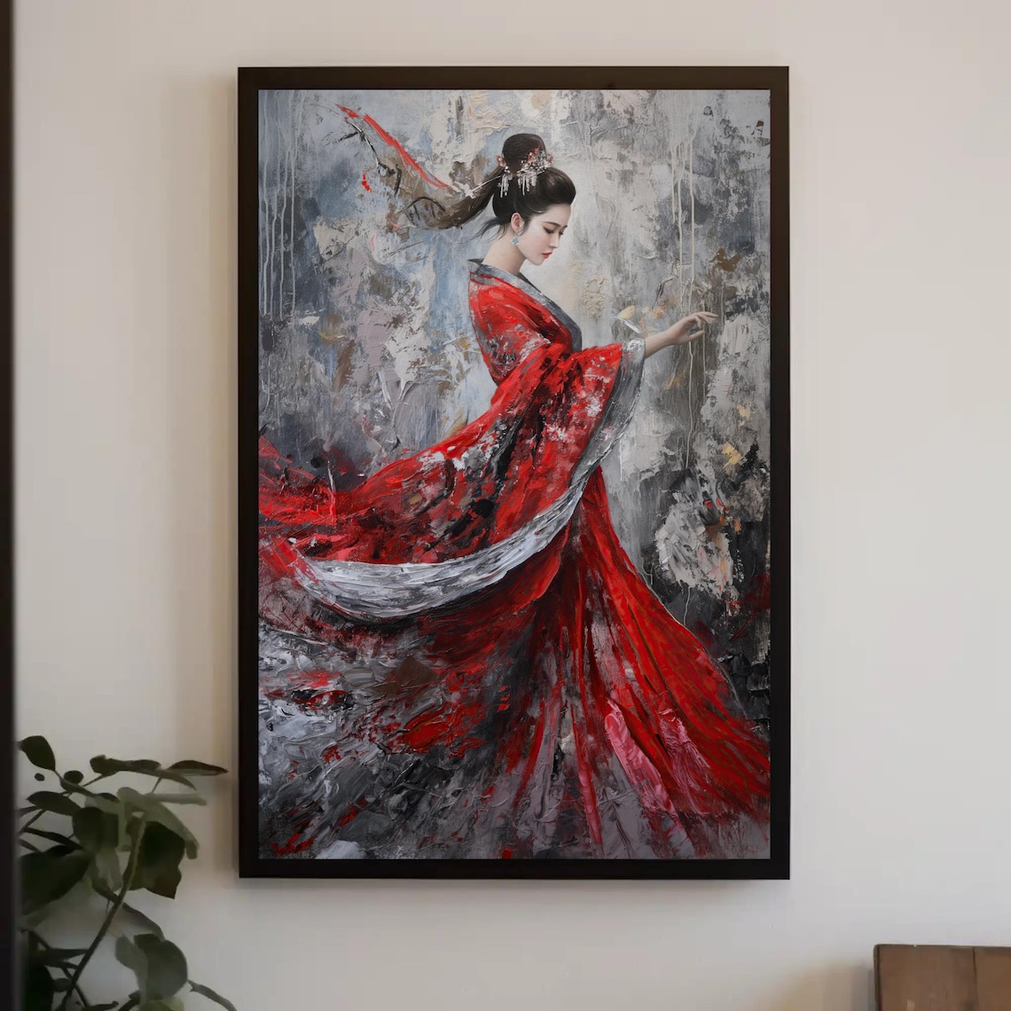 Dancing Chinese Woman In A Flowing Red Hanfu Gown Painting Poster