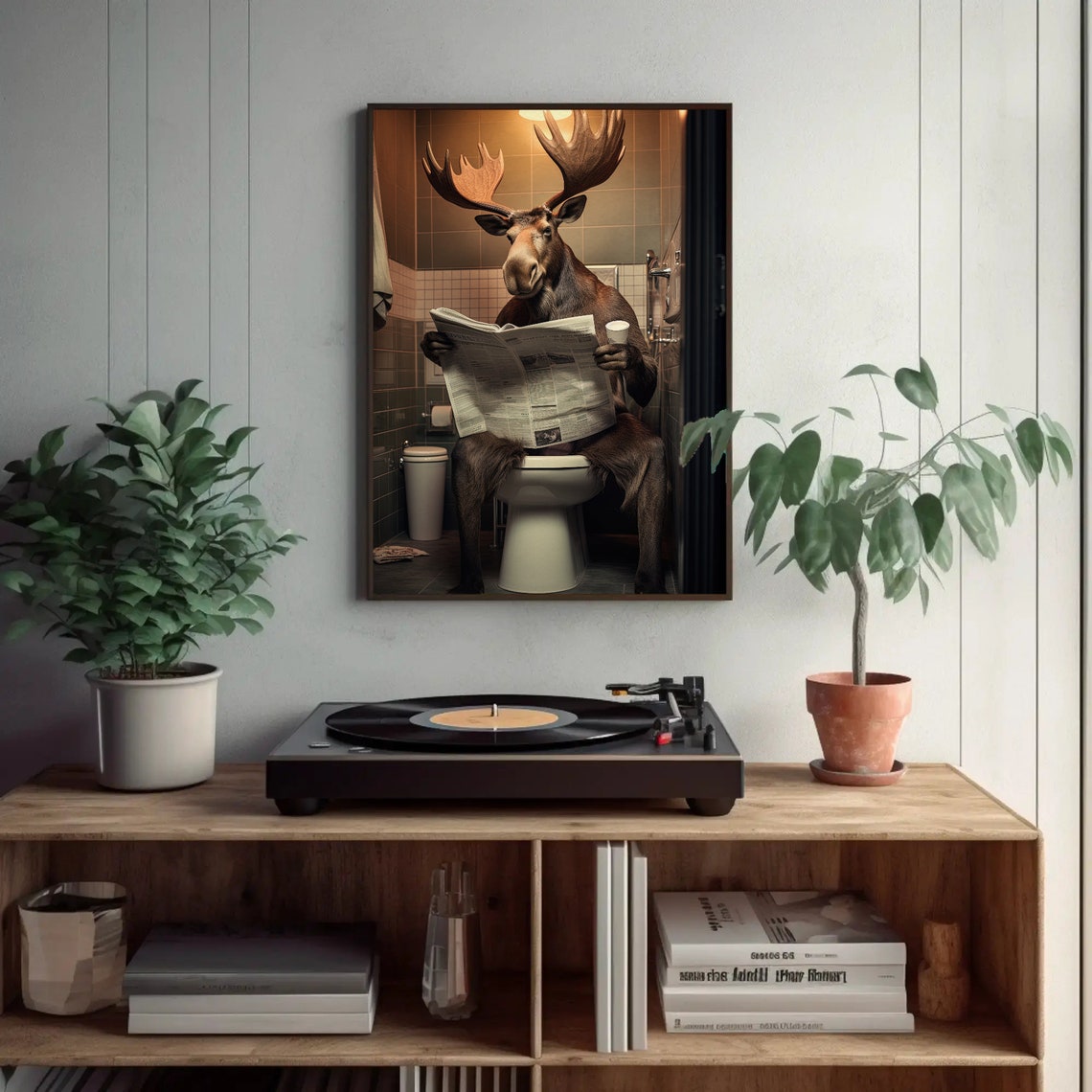 Funny Moose Reading Newspaper Sitting on Toilet Bathroom Humor Poster - Image 3