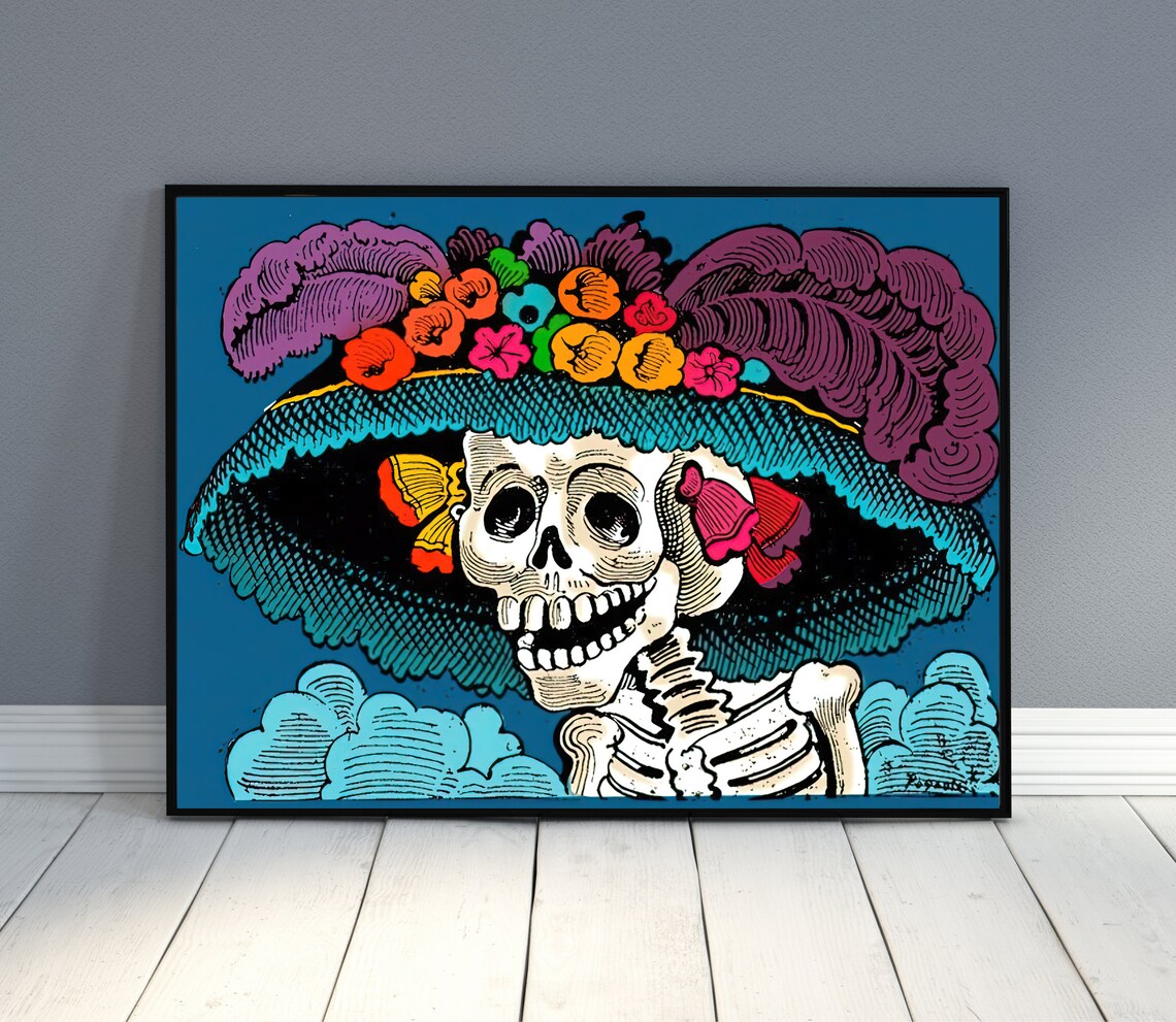 La Calavera Catrina Day Of The Dead Blue Mexican Folk Art Poster - Image 2