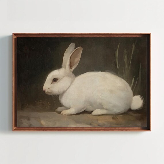 White Rabbit Crouching in Profile Vintage Oil Painting Poster