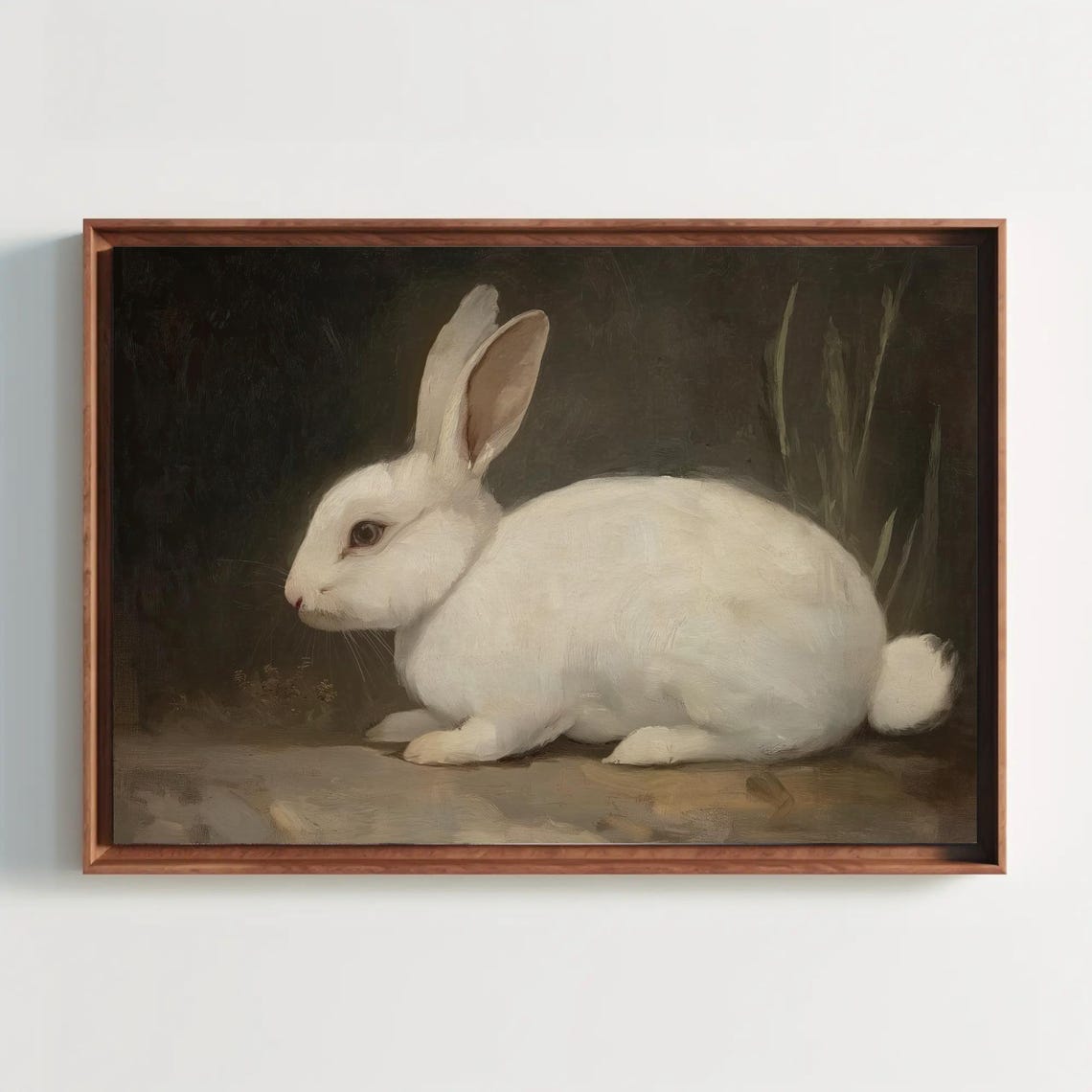 White Rabbit Crouching in Profile Vintage Oil Painting Poster