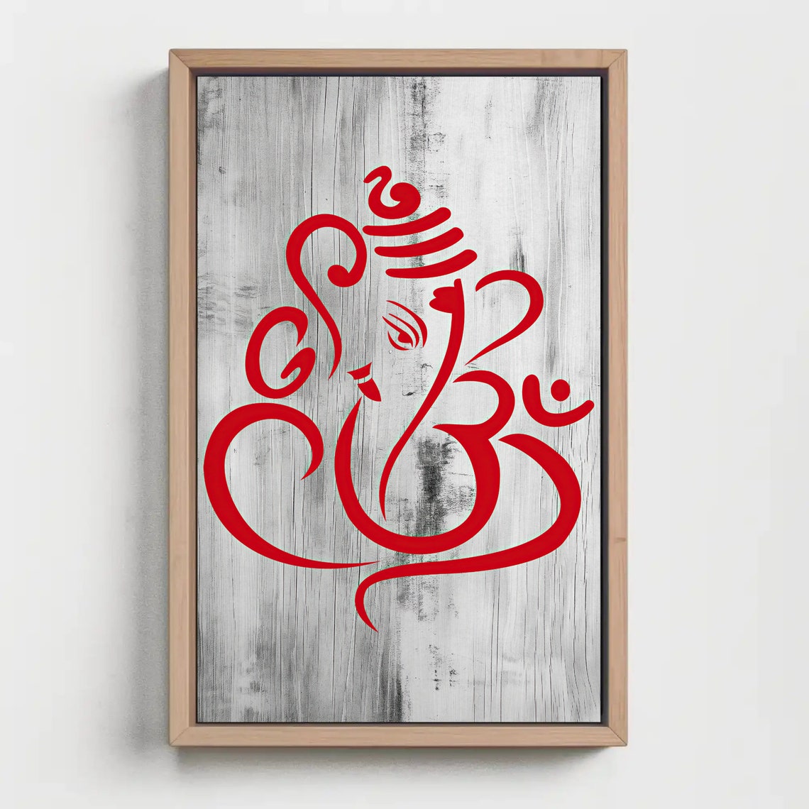 Red Lord Ganesha Line Art Minimalist Hindu Deity On Wood Poster - Image 4
