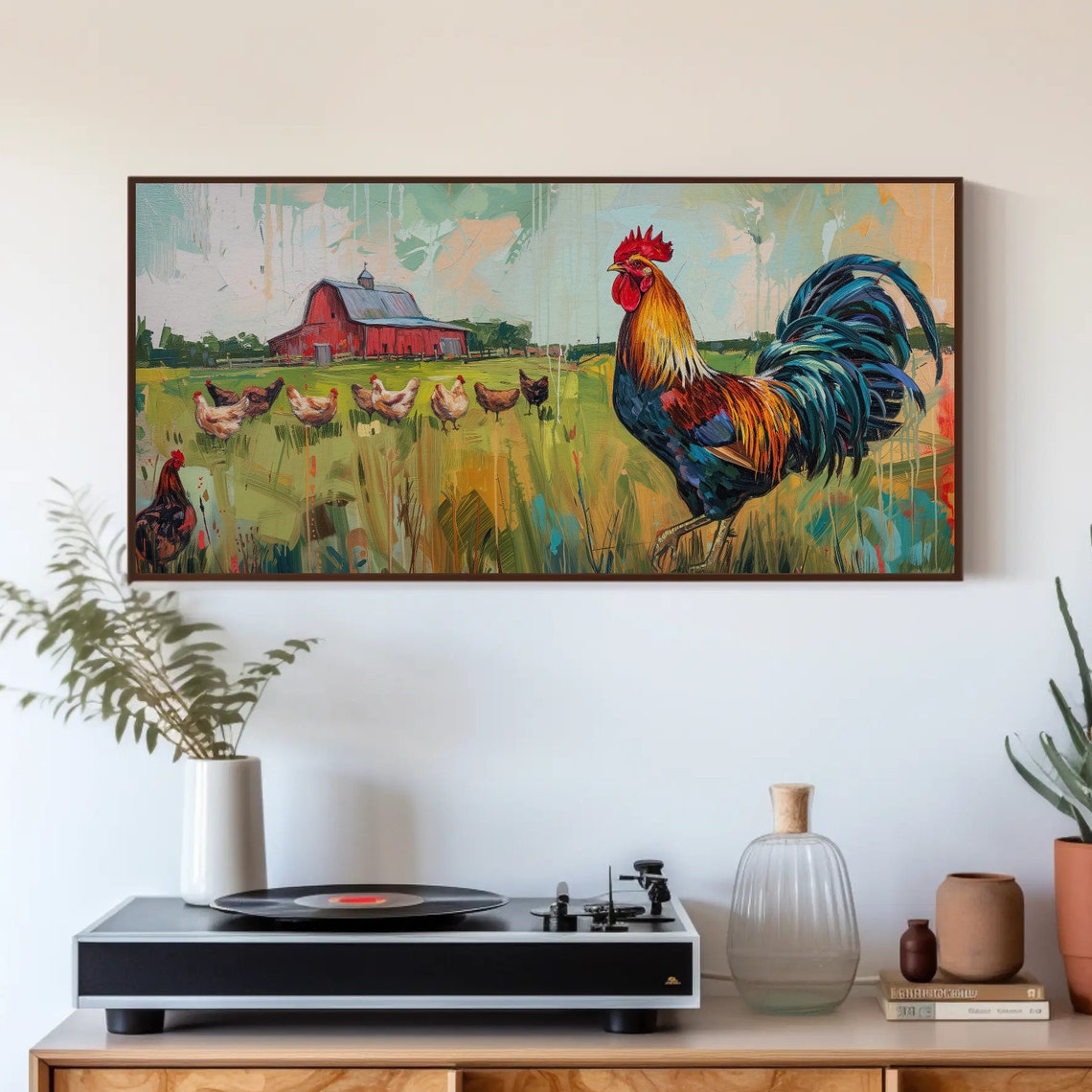 Proud Rooster With Hens Green Pasture Red Barn Painting Print