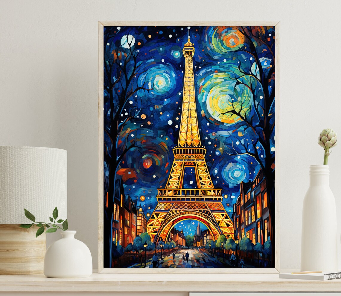 Eiffel Tower in Paris Night Travel Poster Print