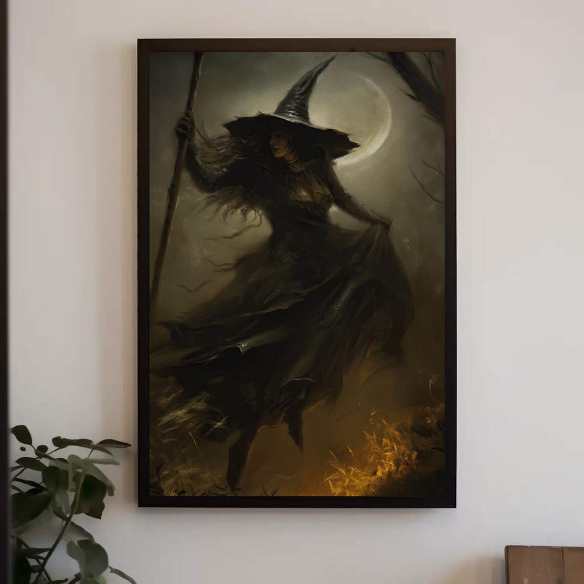 Dark Witch with Staff Under Crescent Moon Gothic Halloween Magic Poster
