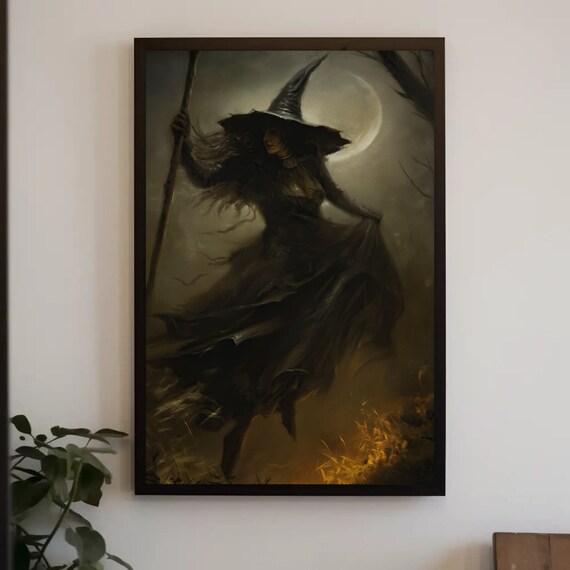 Dark Witch with Staff Under Crescent Moon Gothic Halloween Magic Poster