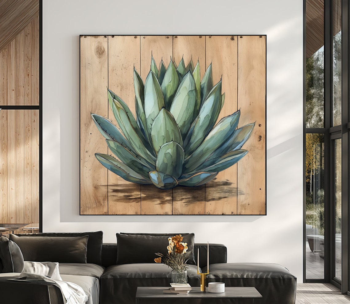 Blue Agave Succulent Watercolor Painting on Wood Plank Wall Poster