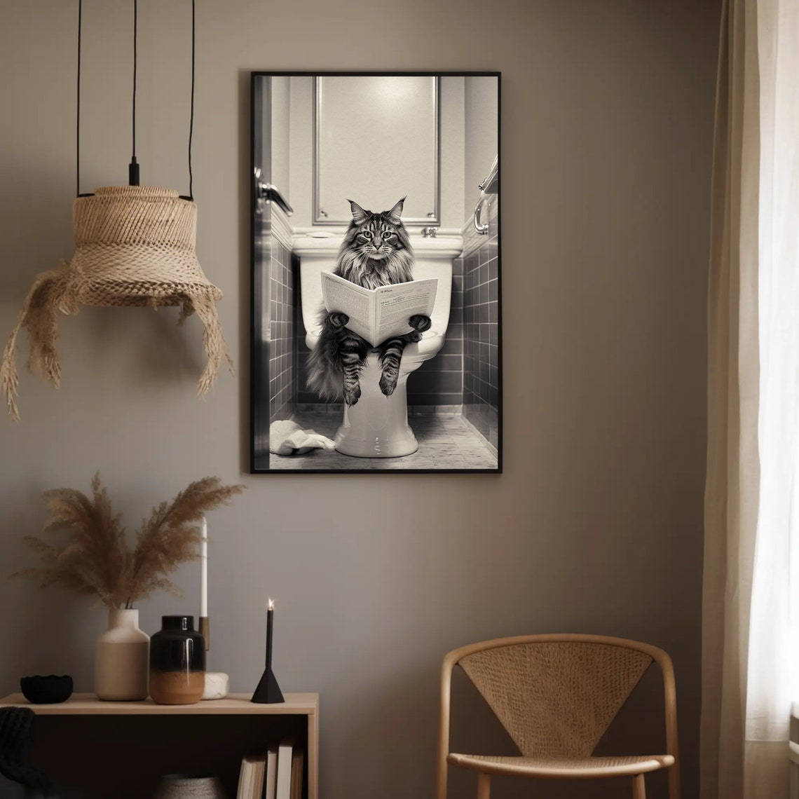 Long Haired Cat Reading Newspaper on Toilet Bathroom Humor Poster - Image 2