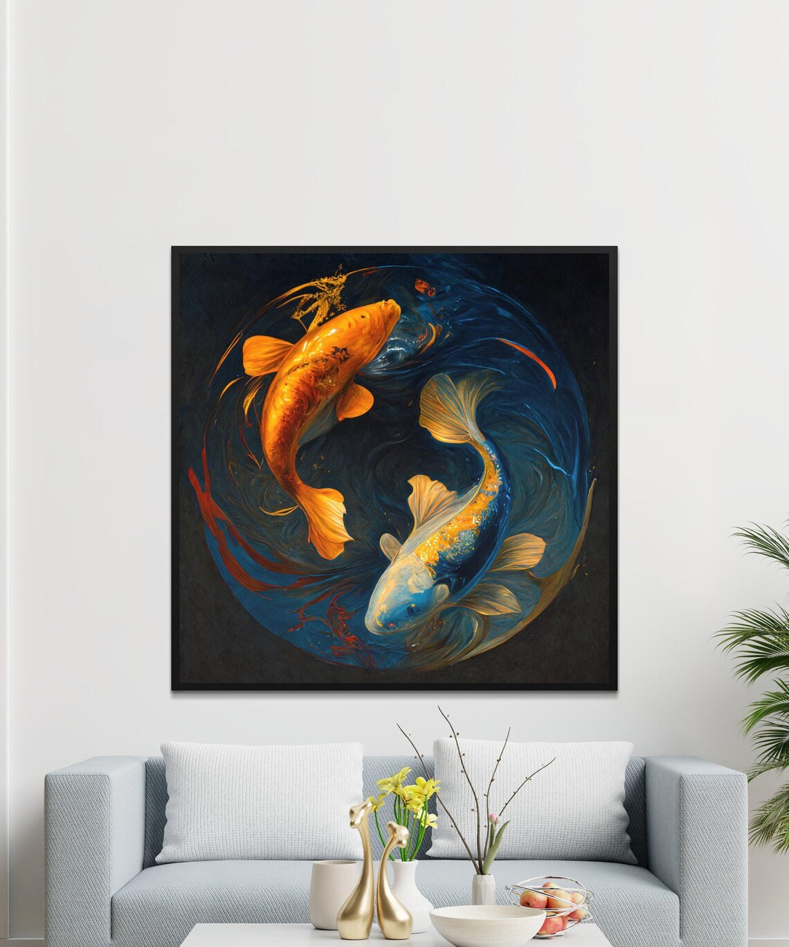 Yin Yang Circle Gold and Blue Koi Fish Dark Water Art Poster - Image 3