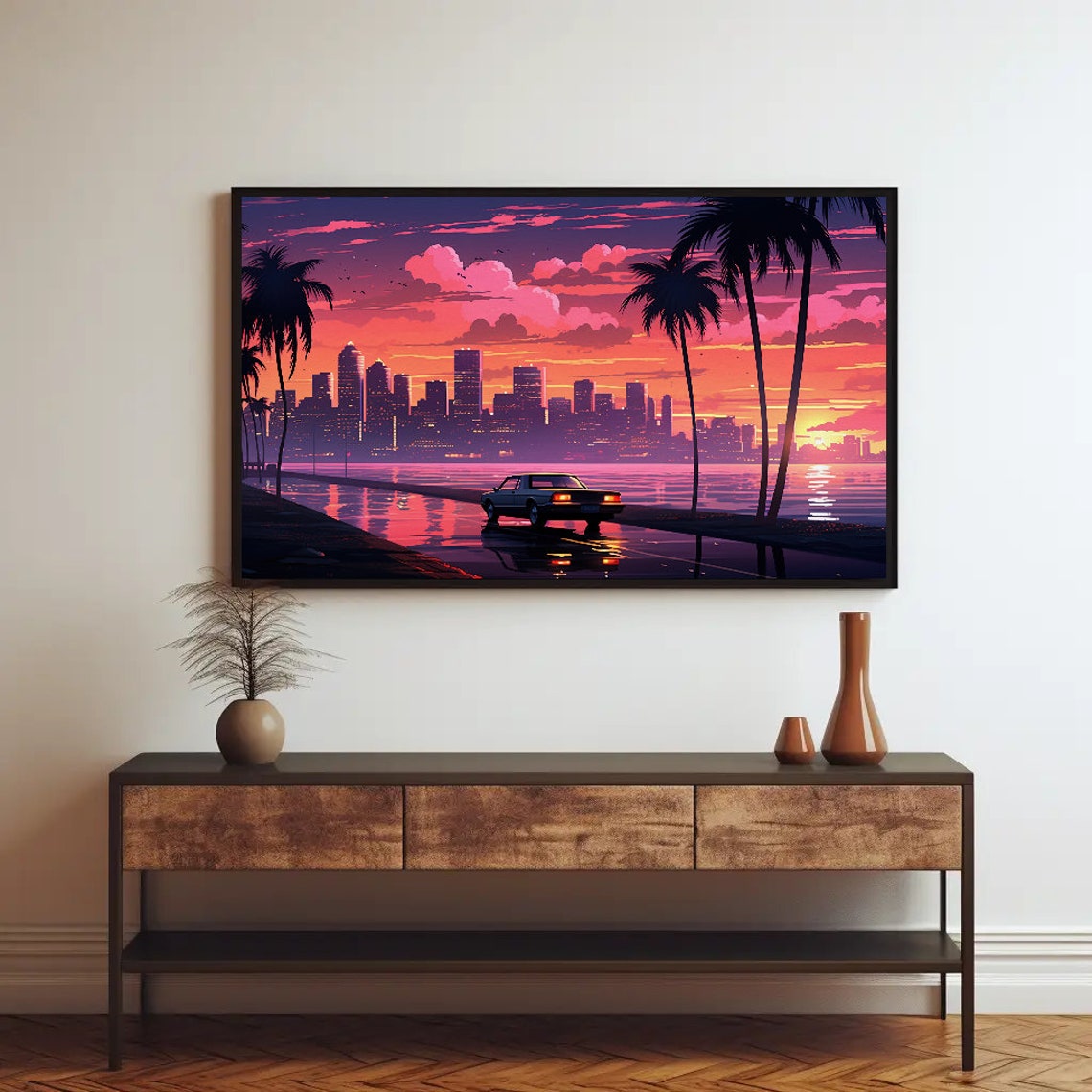 Retro Miami Vice Sunset Cityscape Palm Trees Classic Car Poster - Image 2