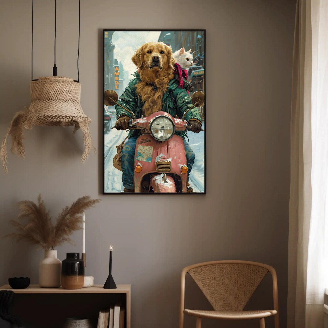 Golden Retriever Riding Pink Scooter Snow Cat Funny Animal Poster - Image 4