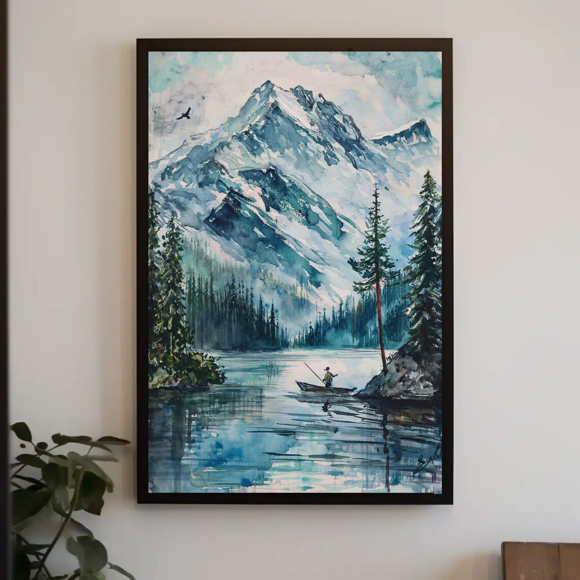 Fisherman In Canoe On Alpine Lake Snowy Peak Watercolor Poster
