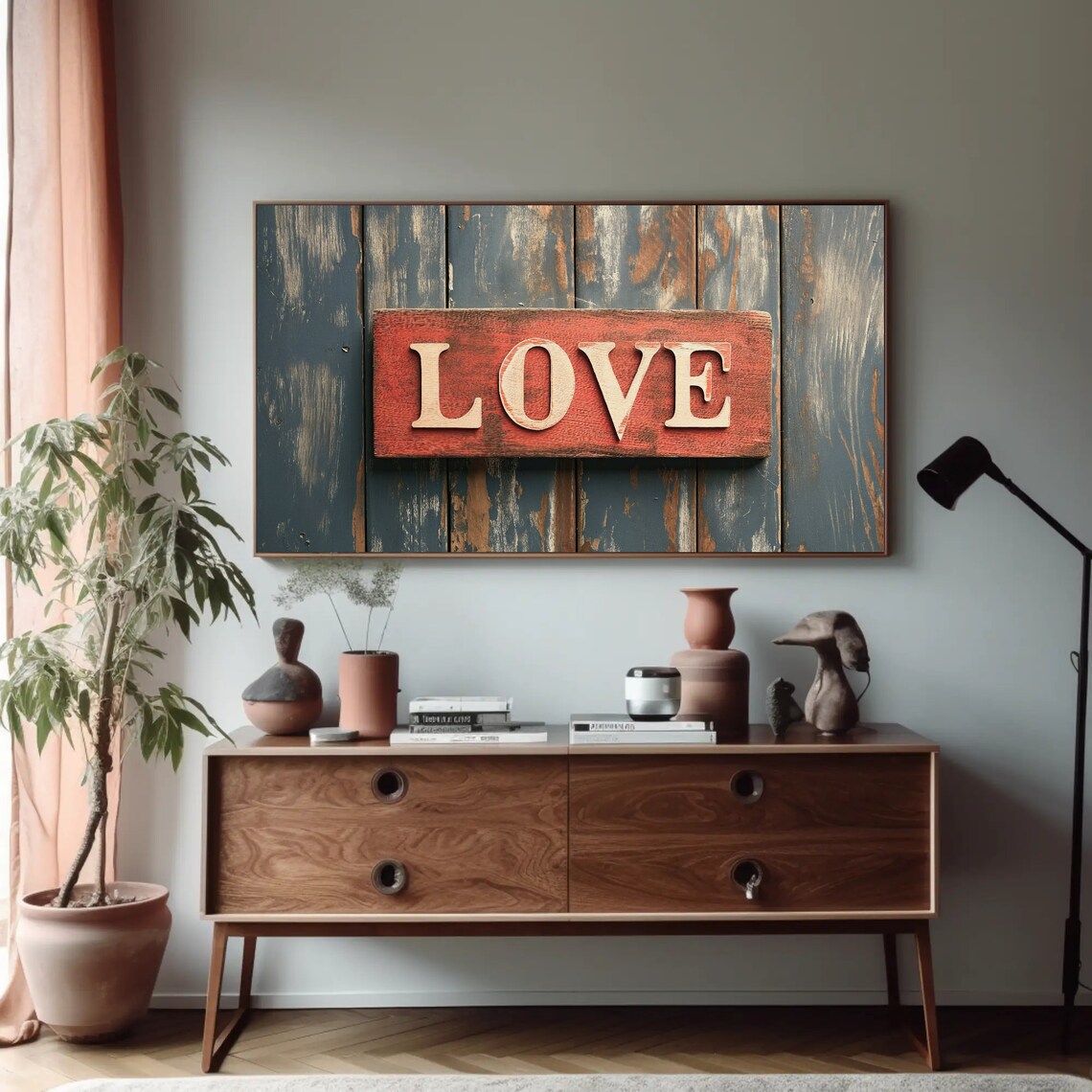 Rustic Red LOVE Wooden Sign On Distressed Blue Barnwood Print - Image 5