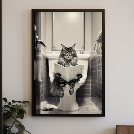 Long Haired Cat Reading Newspaper on Toilet Bathroom Humor Poster