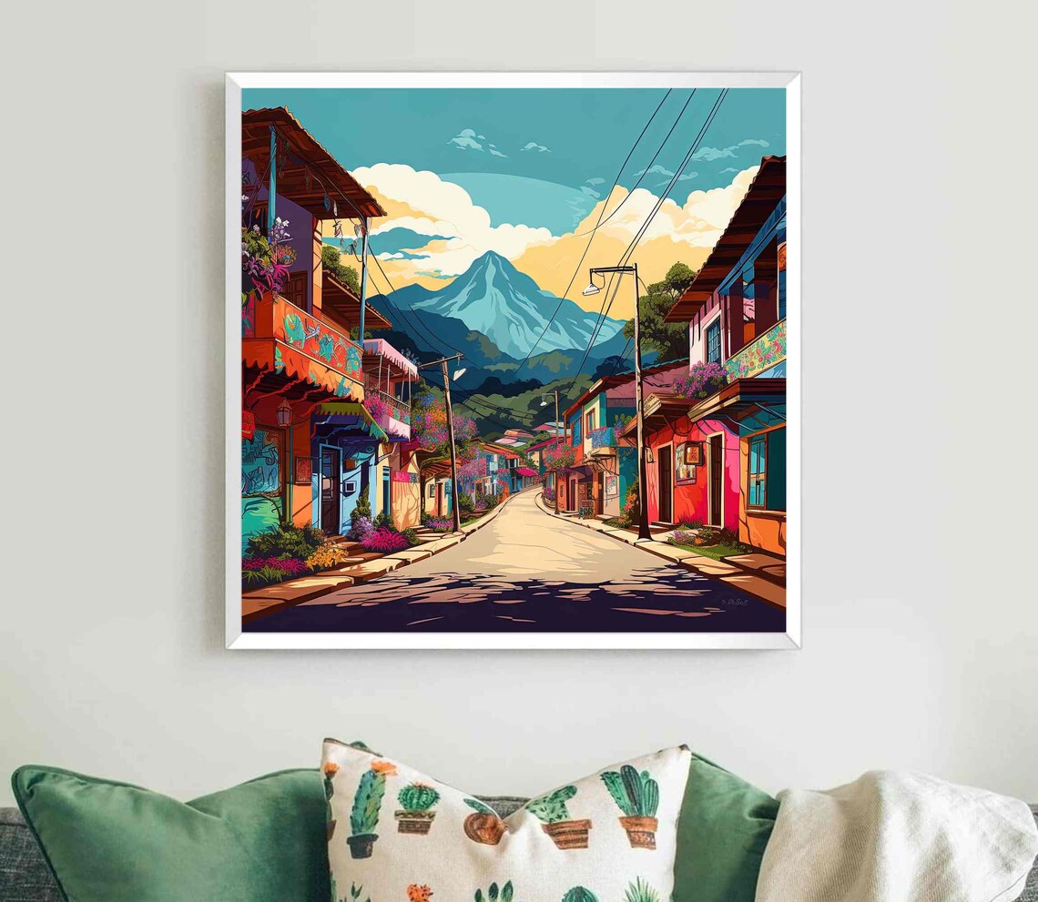 Colombia Colorful Street Shops Andes Mountain Backdrop Travel Poster - Image 5