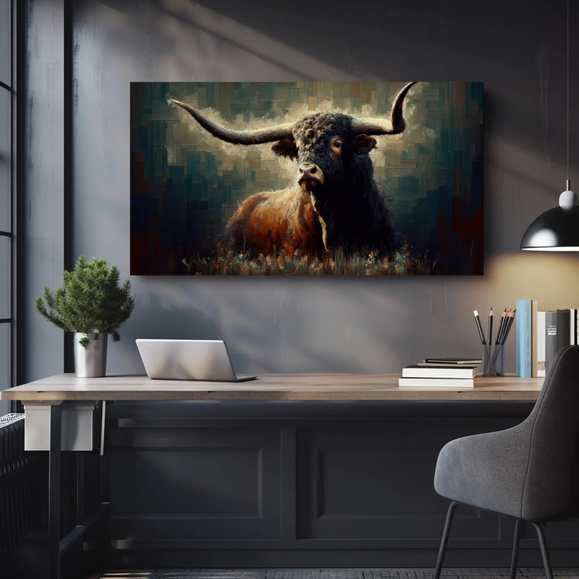 Majestic Texas Longhorn Bull Dark Moody Oil Painting Style Poster - Image 5