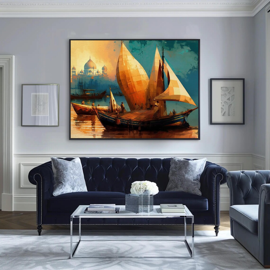 Traditional Indian Sailboats at Sunset on a Wide River Poster - Image 4