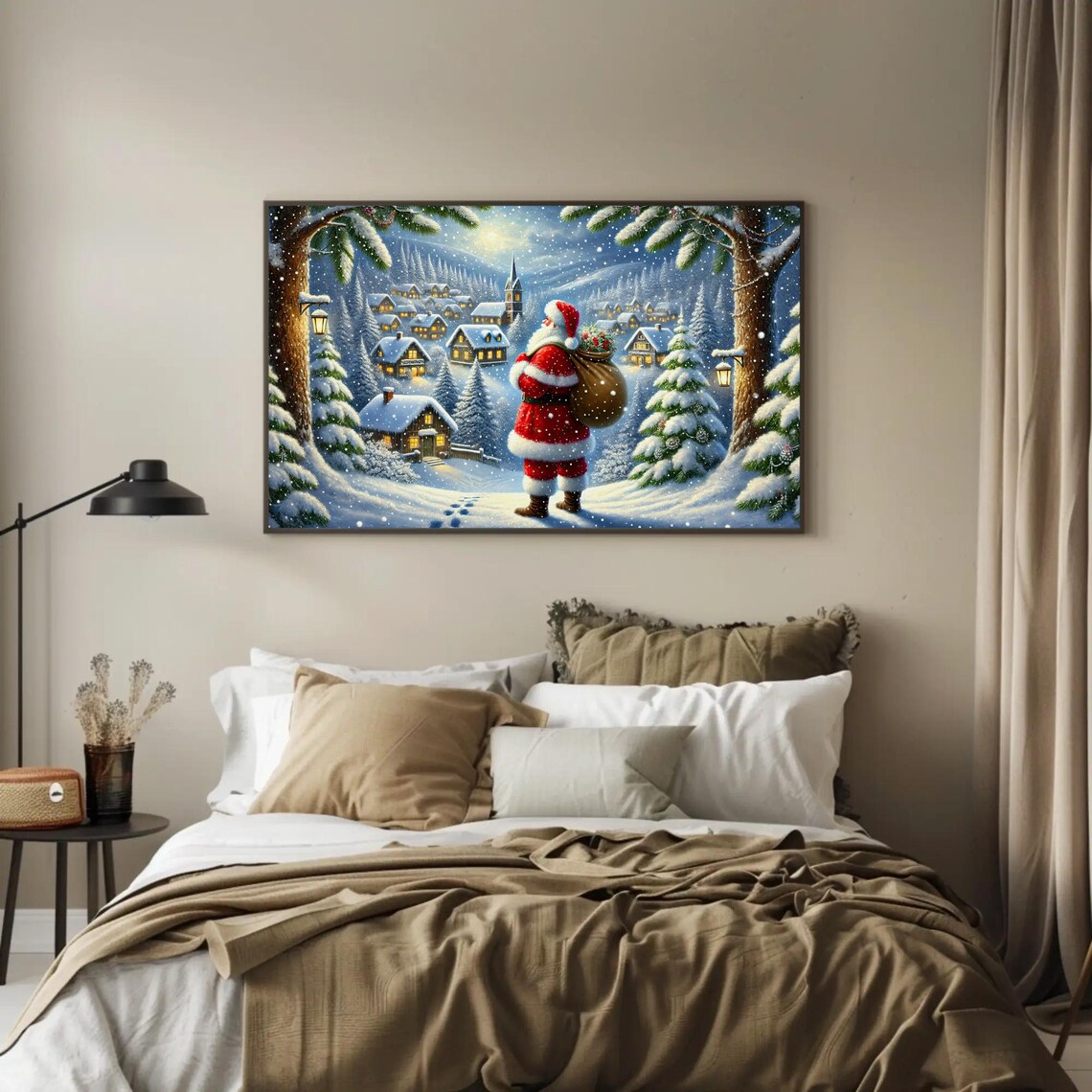 Santa Claus Walking Toward A Snowy Village Under Moonlight Poster - Image 2