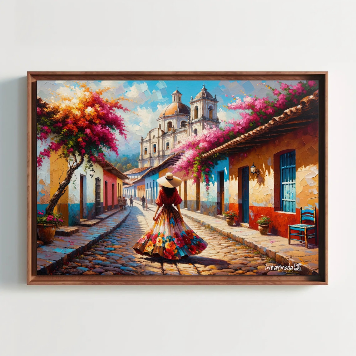 Colorful Mexican Street Cathedral Bougainvillea Town Scene Poster